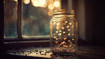 Sparkling glass jar filled with tiny paper hearts on a wooden windowsill with warm golden light filtering through the window