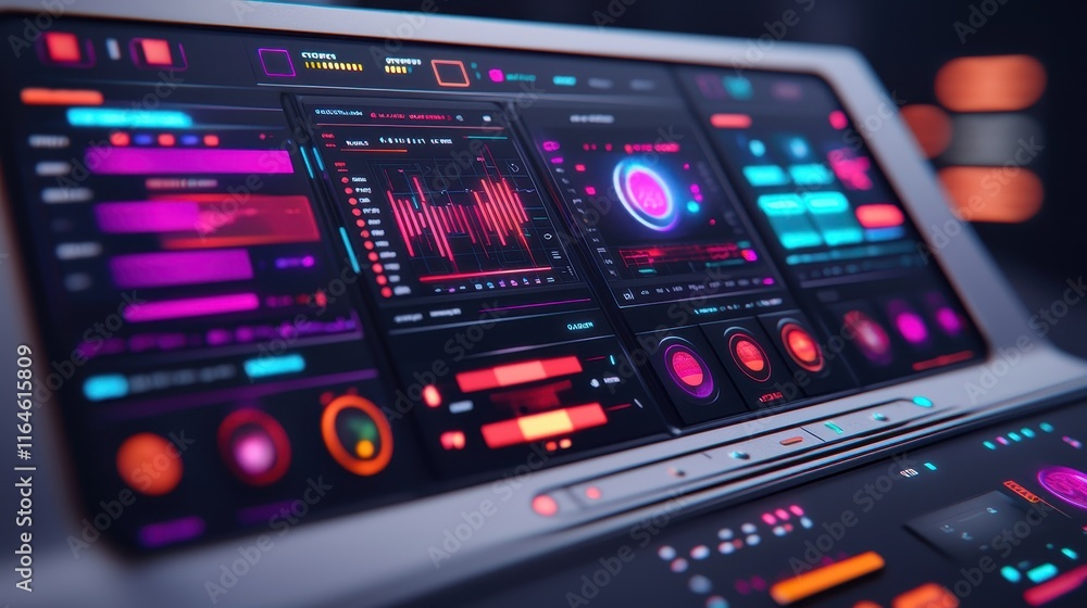 Poster a futuristic control panel featuring vibrant graphics, data visualizations, and interactive elements