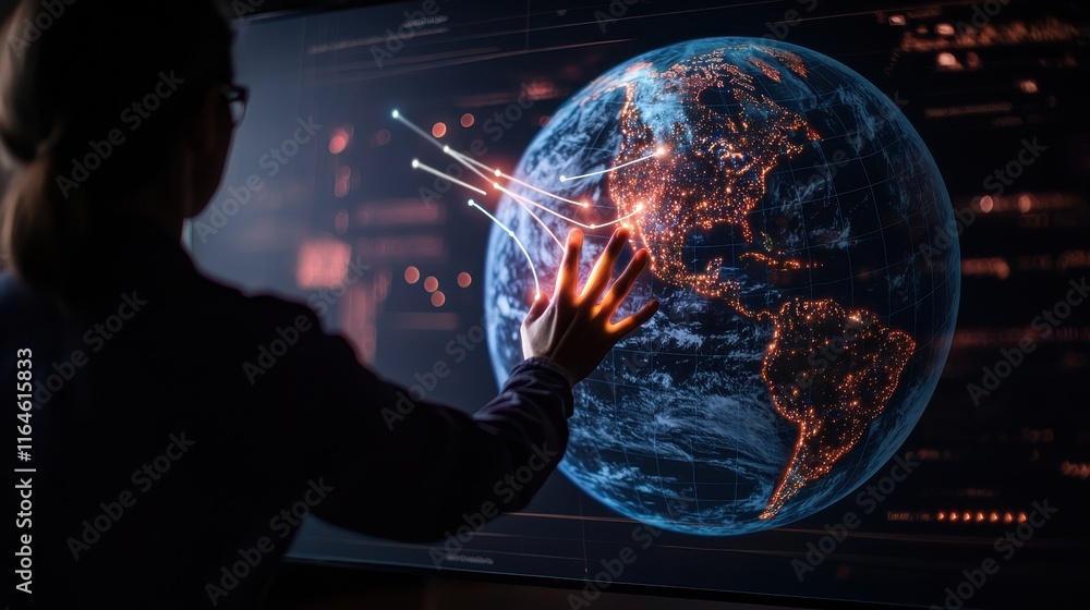 Poster a person interacts with a digital globe, showcasing global data and connections through illuminated 