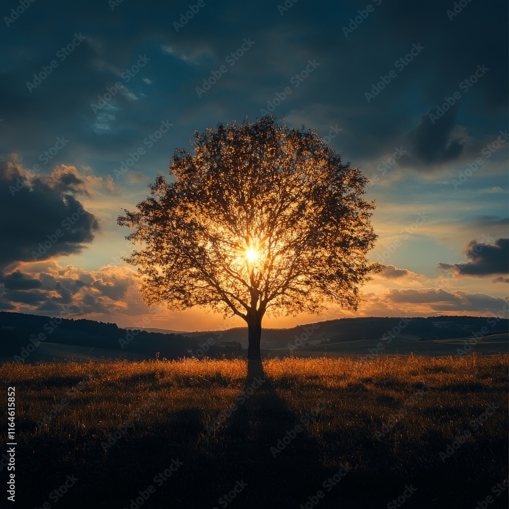Poster a tree is in the middle of a field with a sun shining on it. the sky is cloudy and the sun is settin