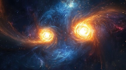 Two cosmic swirls of fire and ice in space, nebula, galaxy, and stars.