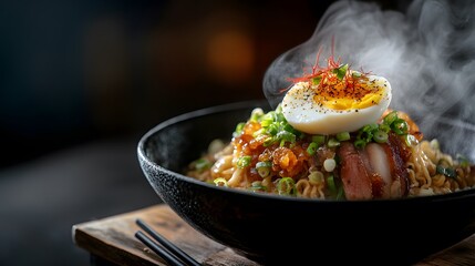 Steaming Bowl Of Noodles Topped With Egg And Meat