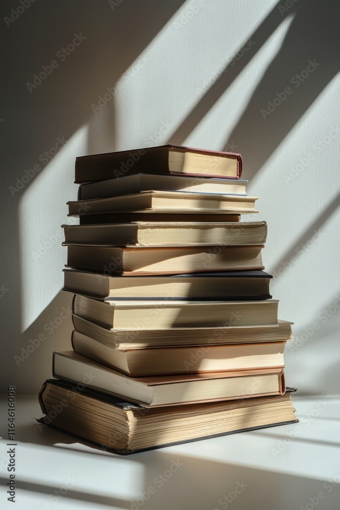 Poster a stack of vintage books casting dramatic shadows on a sunlit surface, creating a minimalist and nos