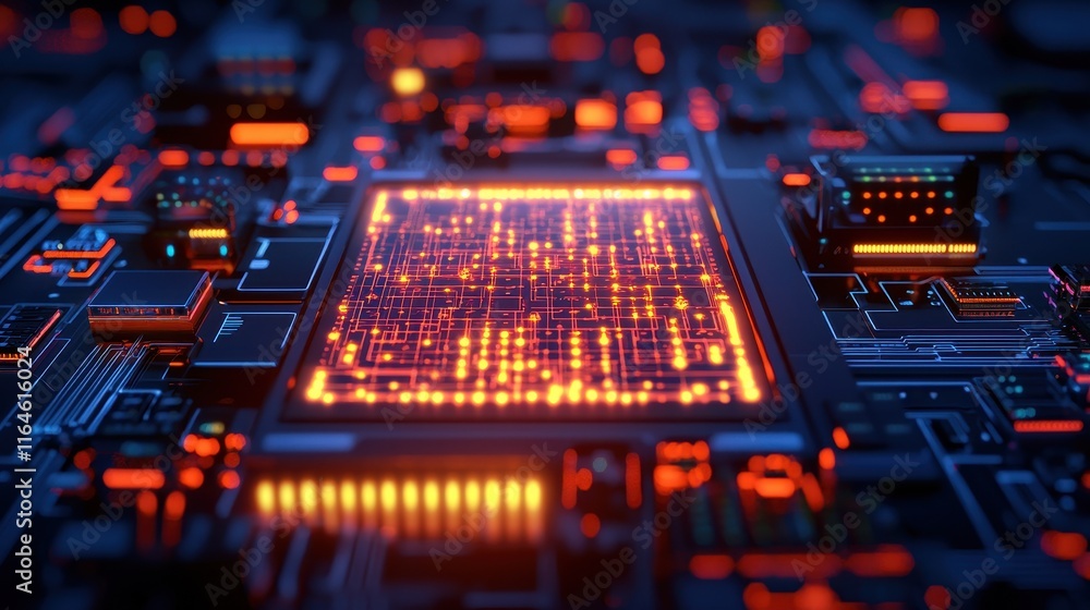 Poster a vibrant close-up of a modern computer circuit board, featuring glowing elements in orange and blue