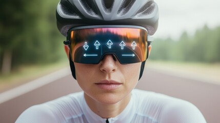 A cyclist wearing advanced augmented reality sunglasses, focused on the road ahead, showcasing a blend of technology and sport.