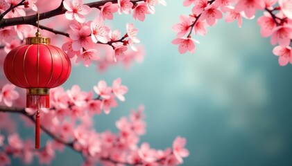 Pink cherry blossoms frame vibrant red Chinese New Year lanterns and auspicious symbols , lanterns, decor