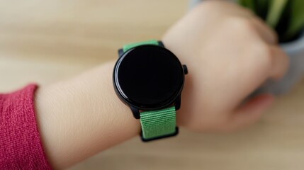A stylish smartwatch with a green strap is worn on a wrist, showcased against a blurred background, highlighting modern design.