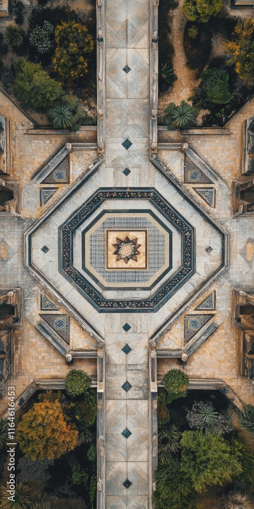 Poster a large square courtyard with a fountain in the center. the courtyard is surrounded by trees and has