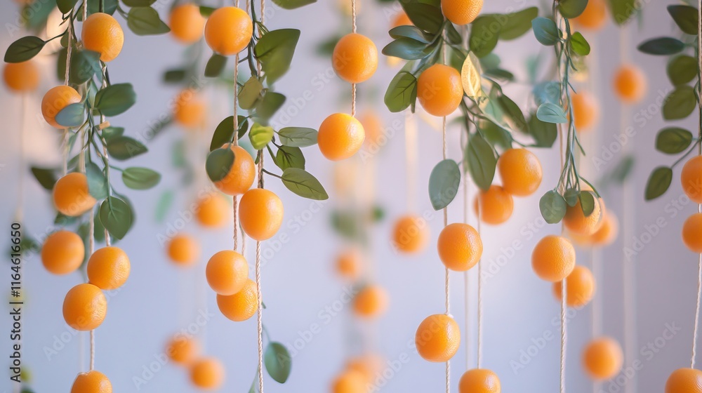 Poster a bunch of oranges hanging from a string. the oranges are all different sizes and are hanging from t