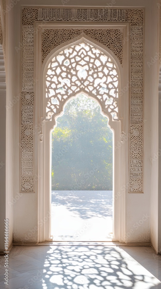 Poster a large archway with a window in the middle. the archway is white and has a lot of intricate designs
