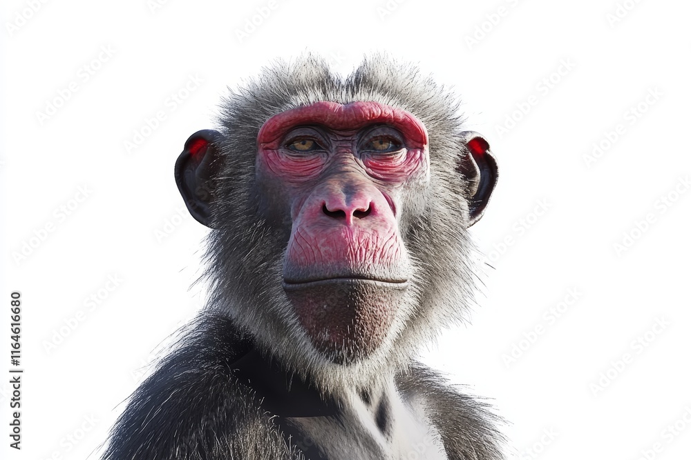 Poster a monkey with red ears and a pink nose is looking at the camera. the image has a playful and lighthe