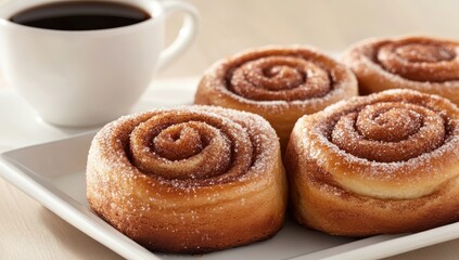 Fototapeta premium An appealing composition of cinnamon rolls dusted with sugar next to a cup of black coffee