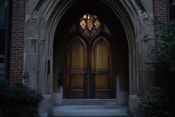 Fototapeta premium Elegant wooden double doors with intricate stained glass in a historic stone building, showcasing Gothic architectural style.