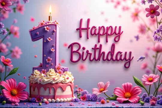 1st birthday card. Vibrant birthday celebration with a pink and purple cake, flowers, and the number one prominently displayed.