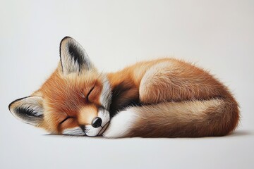 Obraz premium A cute fox cub peacefully sleeping, showcasing its fluffy fur and serene expression on a white background.