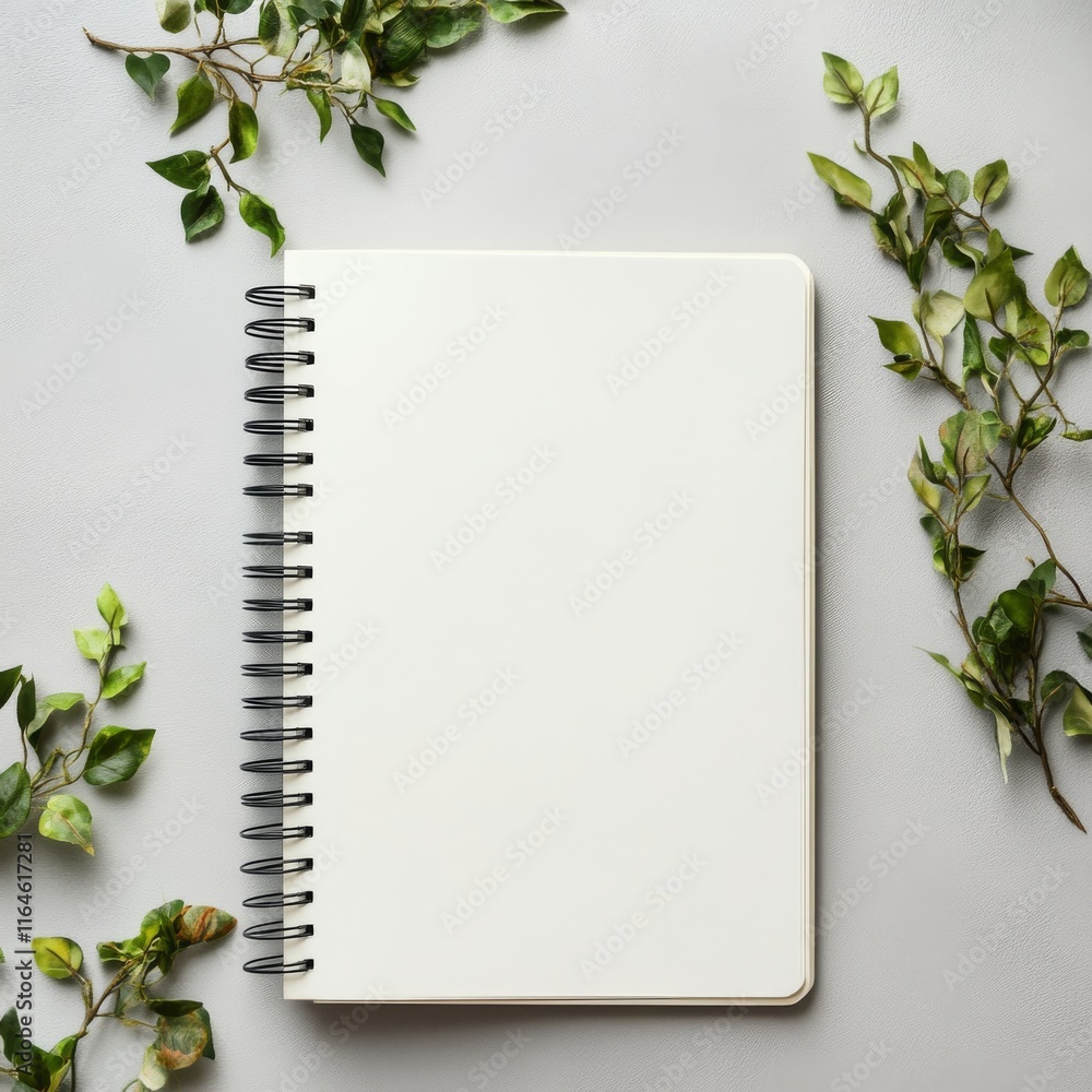 Aufkleber a spiral bound notebook with a white cover sits on a table with green leaves. the notebook is empty 