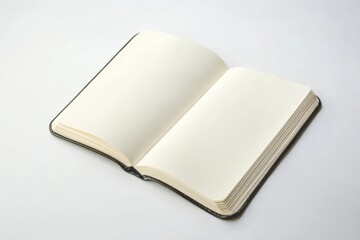 A black and white open book with a white background. The book is open to a blank page