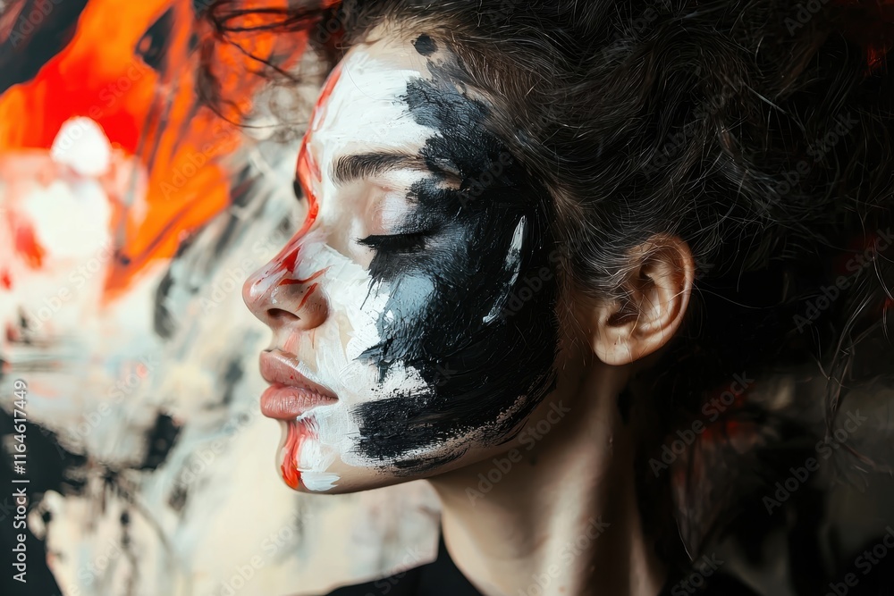 Aufkleber exploring duality: abstract portrait of inner calm and chaos in dramatic color contrast
