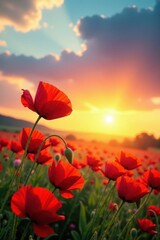 Fototapeta premium Vibrant poppies sway in the breeze as warm sunset hues wash over them, fields, nature, yellow