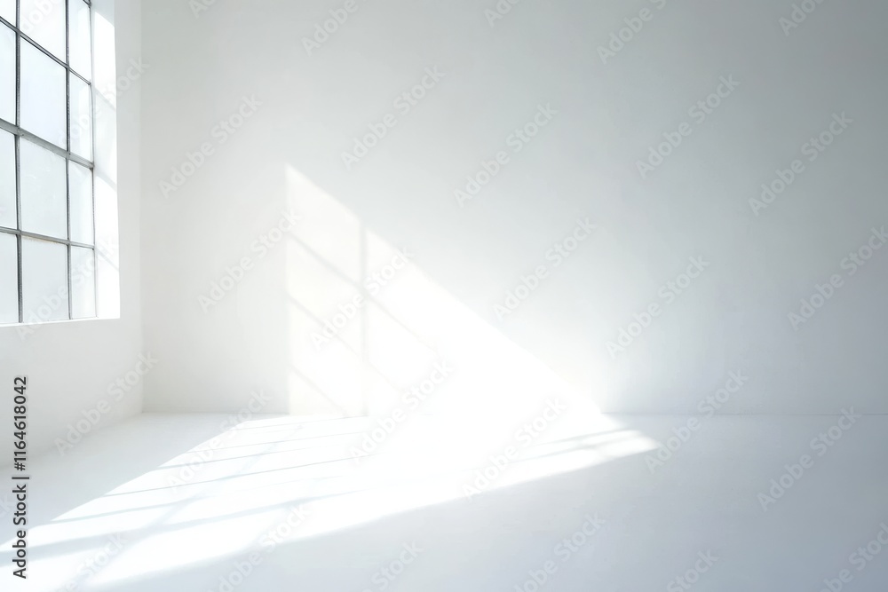 Poster a room with a window and a white wall. the window is open and the sun is shining through it