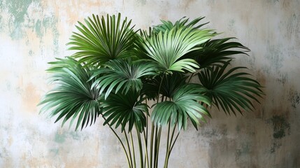 Lush green palm leaves against a textured wall.