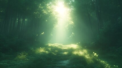 Sunlit Path Through A Mystical Green Forest