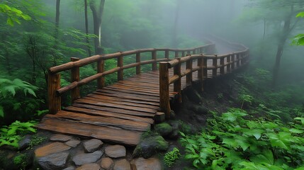 Wooden Bridge Winding Through Misty Green Forest