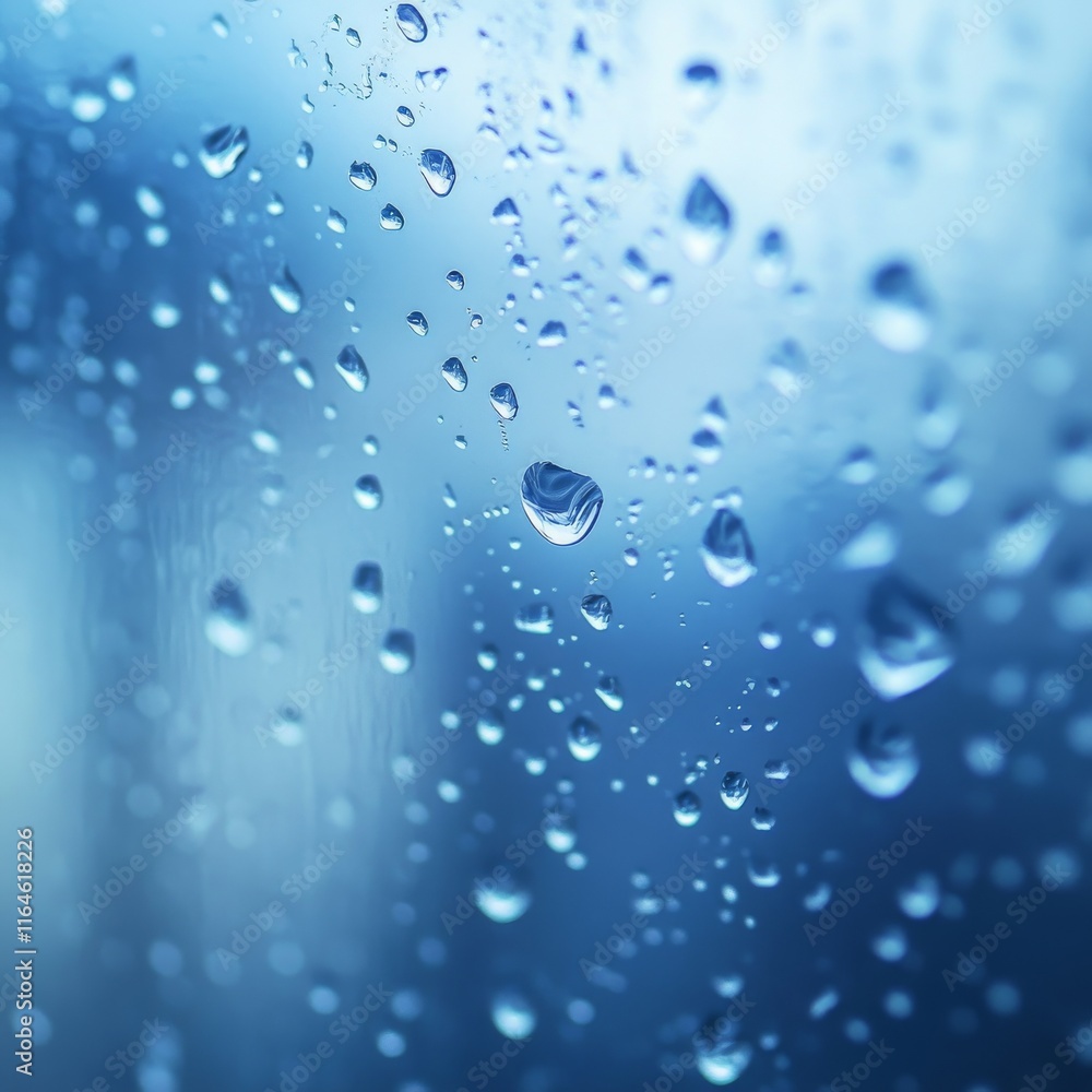 Poster a window with water droplets on it. the droplets are small and scattered. the window is clear and th