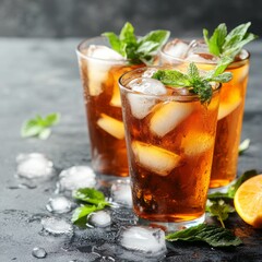 Three glasses of iced tea with mint leaves and ice cubes. One glass has an orange slice on the side