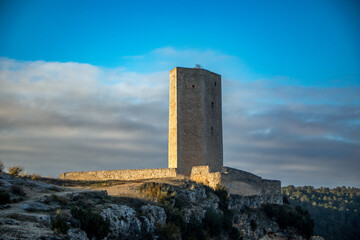 View of the medieval Torre de Armas in the town of Alarcon, Cuenca, Castilla-La Mancha, Spain