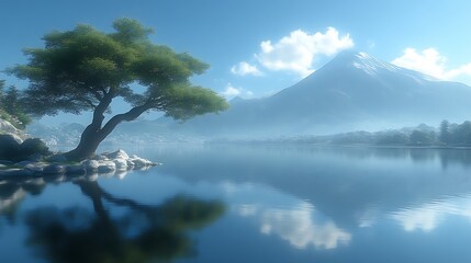 Serene Lakeside View With Solitary Tree And Majestic Mountain