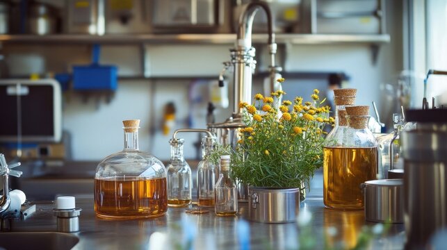 Industrial distillation lab with herbs and various bottles used for oil extraction in natural light