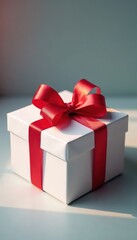 Obraz premium Colorful red ribbon wrapped around a white gift box, gift, bow