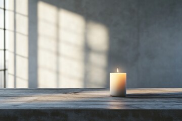 A single candle on a wooden table, illuminated by soft natural light, casting gentle shadows in a minimalist room.