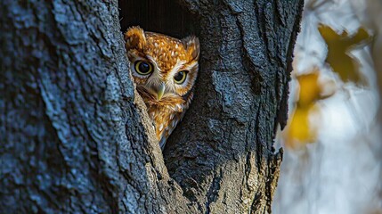 Obraz premium Owl peering from tree hollow.