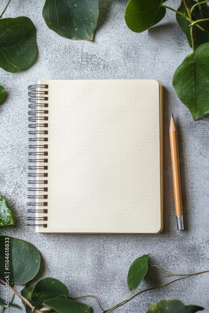 Poster a notebook with a pencil on top of it. the notebook is open to a blank page. the pencil is on the ri