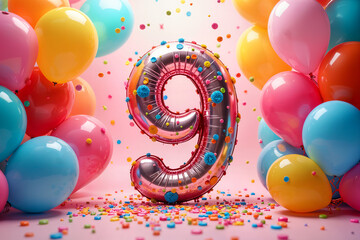9th birthday card. Large, metallic number nine balloon surrounded by numerous colorful balloons on a pink background.