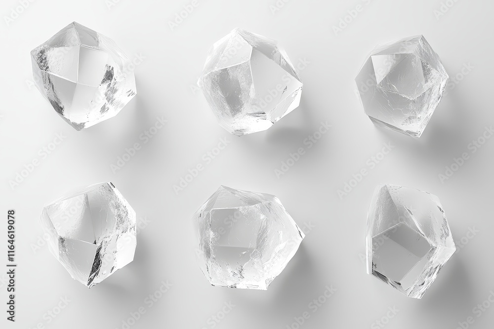 Poster a set of six clear, frosted glass cubes. the cubes are all different sizes and are arranged in a row