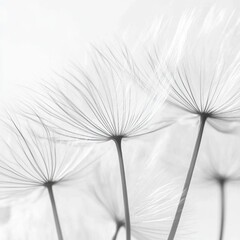 Close-up of delicate dandelion seed heads, monochrome.