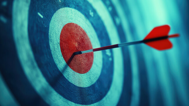  Business Success Target Achievement With Red Arrow Bulls Eye On Blue Circular Background