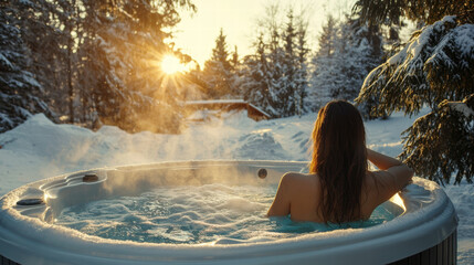 A woman enjoys a luxury outdoor jacuzzi in the snowy winter forest