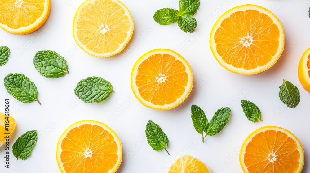 Poster a close up of a white background with a bunch of oranges and green leaves. the oranges are cut in ha