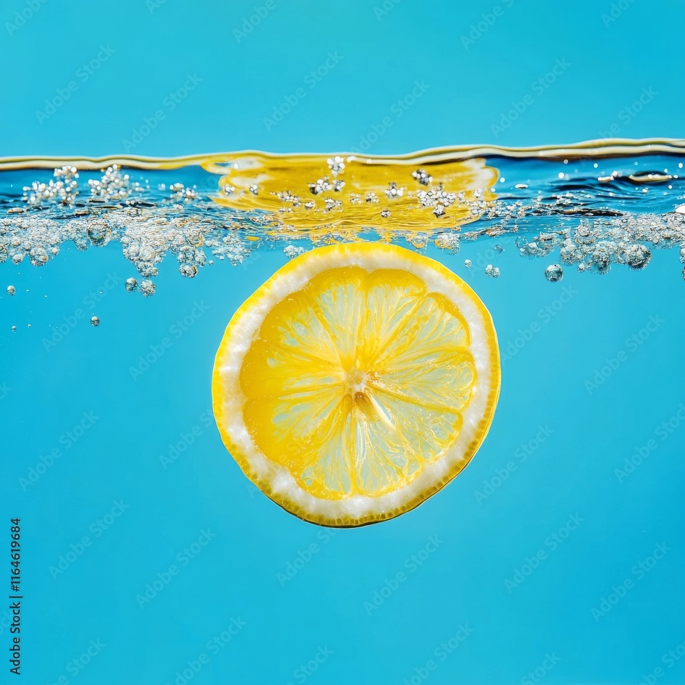 Poster a slice of lemon floating in a pool of water. concept of freshness and vitality, as the lemon is a s