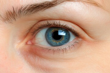 Fototapeta premium Close up of a human eye showing intricate details and vibrant blue color in natural light