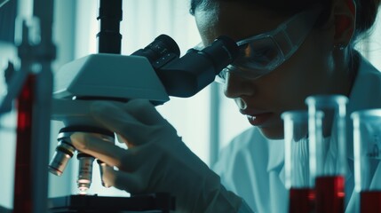 Forensic Scientist Examining Blood Samples in High-Tech Laboratory for Investigation and Research
