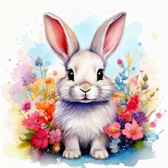 Watercolor illustration of a cute fluffy white rabbit with pink ears in a blank background with colorful flowers