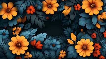 Vibrant Orange and Teal Flowers Frame Dark Background