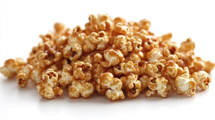 Caramel popcorn pile isolated on white.