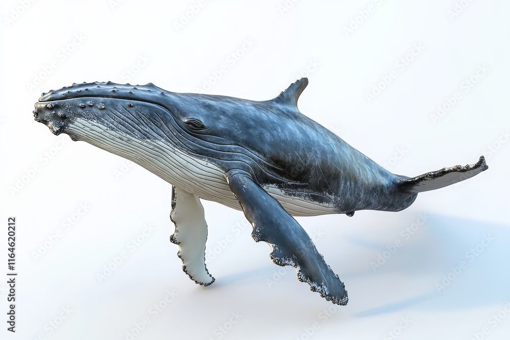 Poster close-up image of a humpback whale showcasing its intricate textures and graceful form against a cle