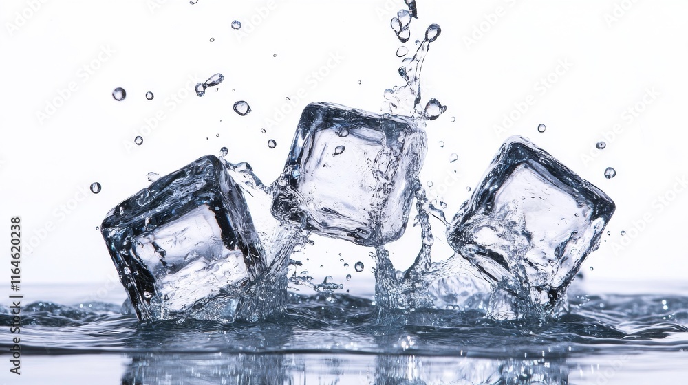 Poster three ice cubes are floating in a pool of water. the water is splashing and the ice cubes are meltin